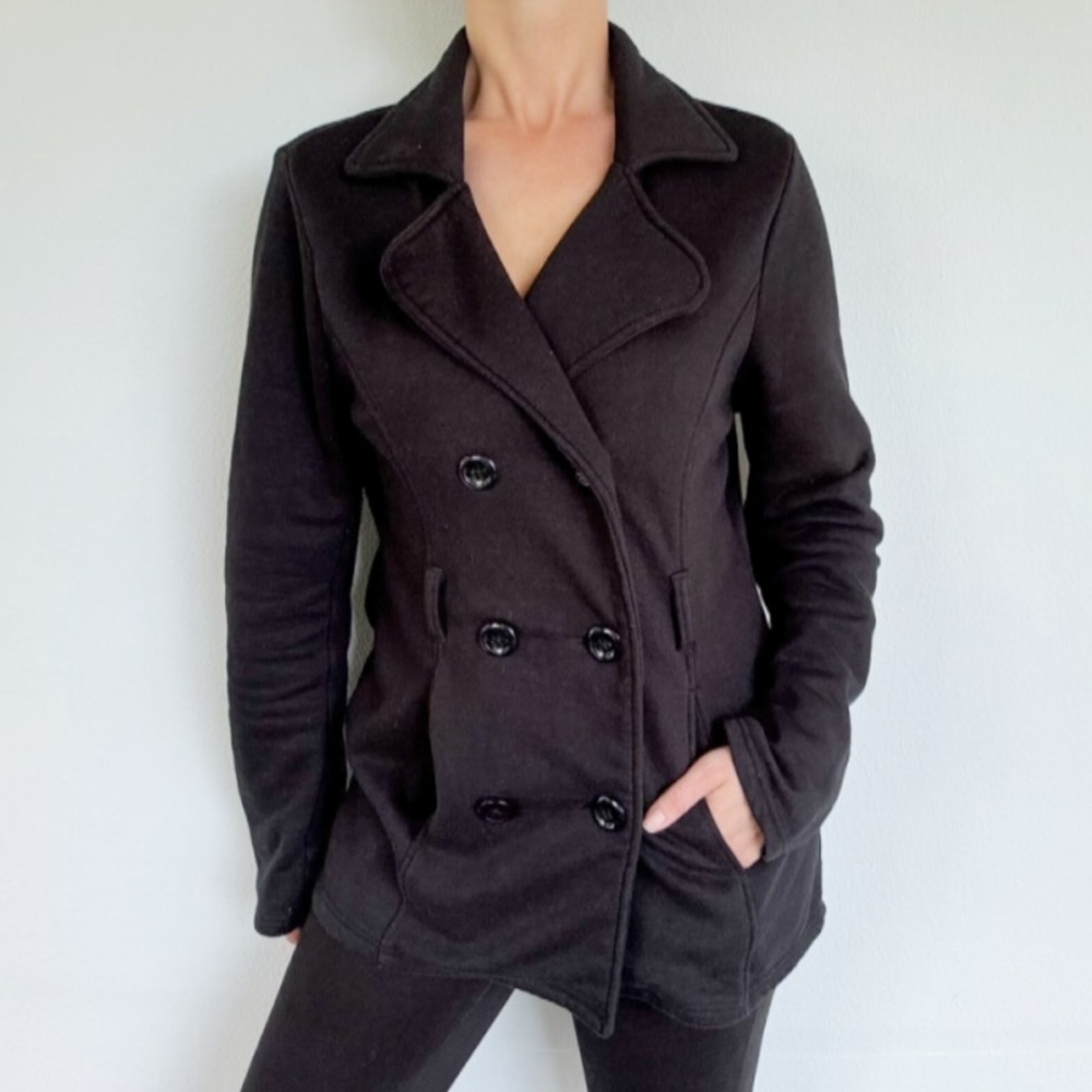 Sebby black stretch knit fleece lined double breasted button up pea coat large